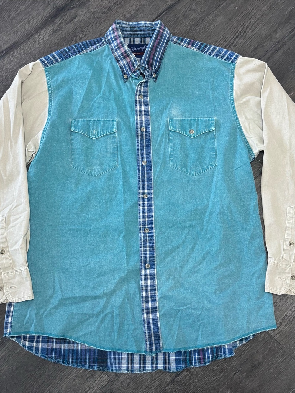 Vintage Wrangler Western Shirt XL Teal Plaid Colorblock X-Long Tails 90s